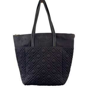 TORY BURCH Handbag Black Canvas Fleming Signature Logo Leather Tote Bag USED